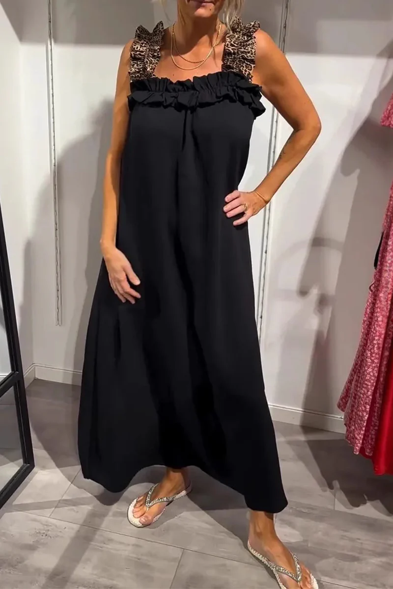 Casual Leopard Pocket Patchwork Flounce Square Neck Long Dresses(8 Colors) - Panekey