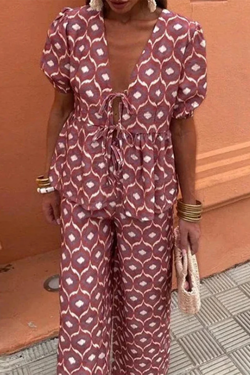 Casual Daily Lace Up V Neck Short Sleeve Two Pieces(3 Colors) - Panekey