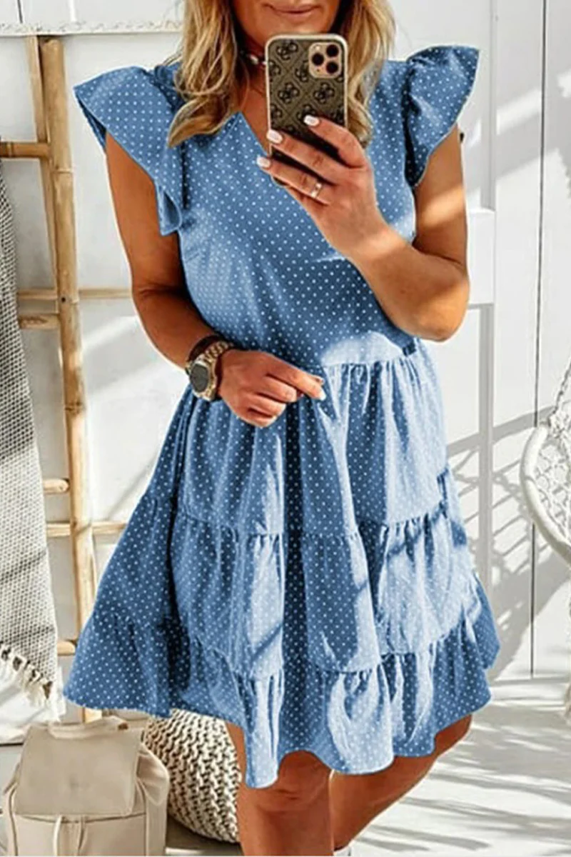 Casual Dot Flounce V Neck Cake Skirt Dresses(3 Colors) - Panekey