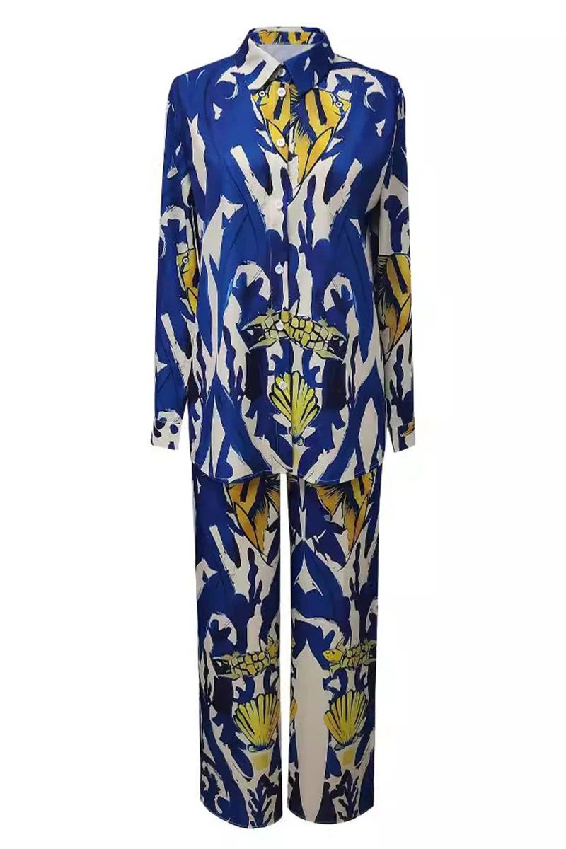 Casual Geometric Not Positioning Printed Pocket Turndown Collar Long Sleeve Two Pieces - Panekey