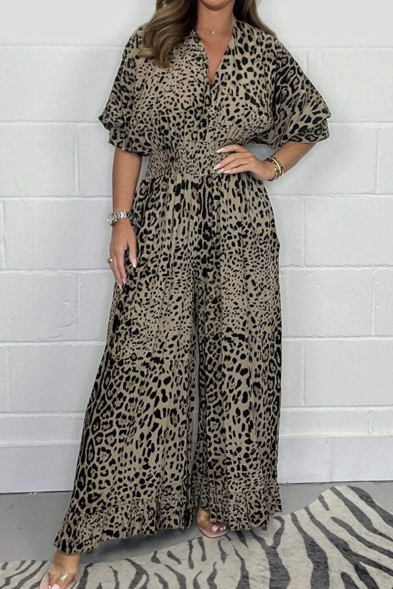 Casual Leopard Contrast V Neck Loose Jumpsuits(4 Colors) - Panekey