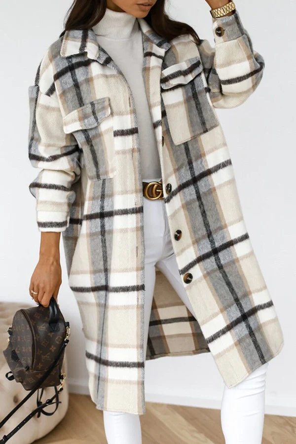Casual Elegant Plaid Pocket Buckle Turndown Collar Outerwear - Panekey