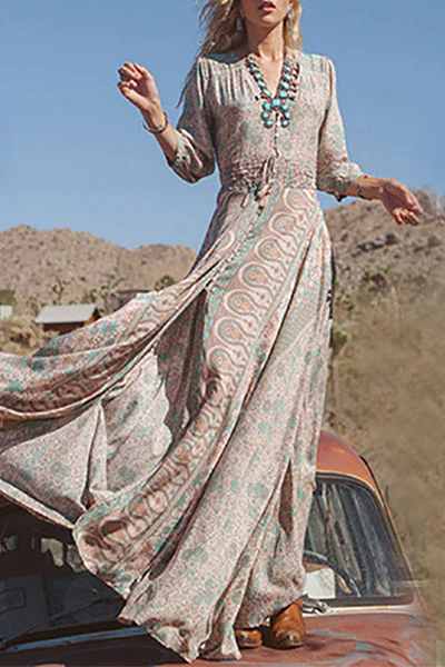 Bohemian Print Frenulum Buckle Slit V Neck Dresses - Panekey