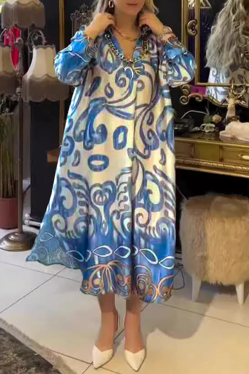 Casual Geometric Print Patchwork Turndown Collar Printed Dresses - Panekey