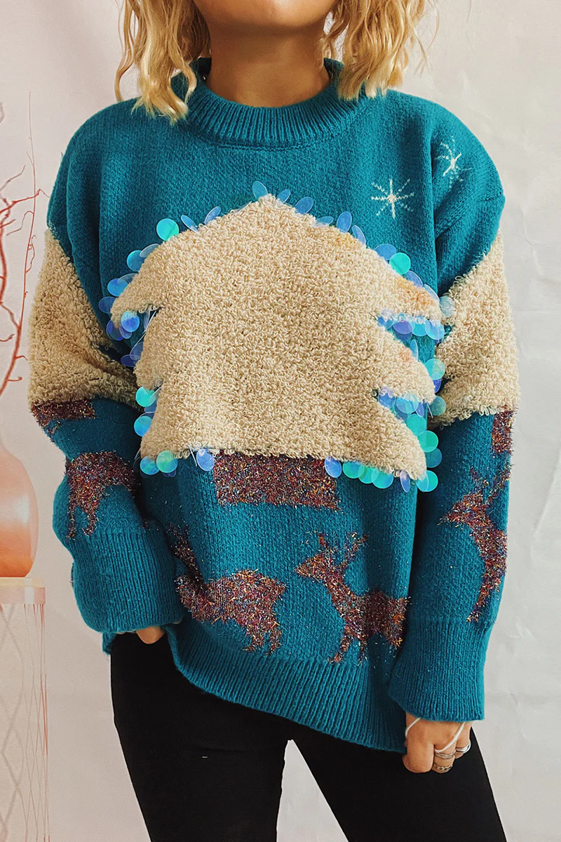 Casual Christmas Tree Sequins Patch O Neck Sweaters - Panekey