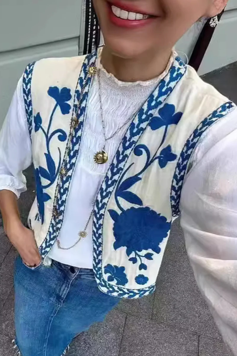 Casual Floral Print Embroidered Cardigan Collar Waistcoats - Panekey