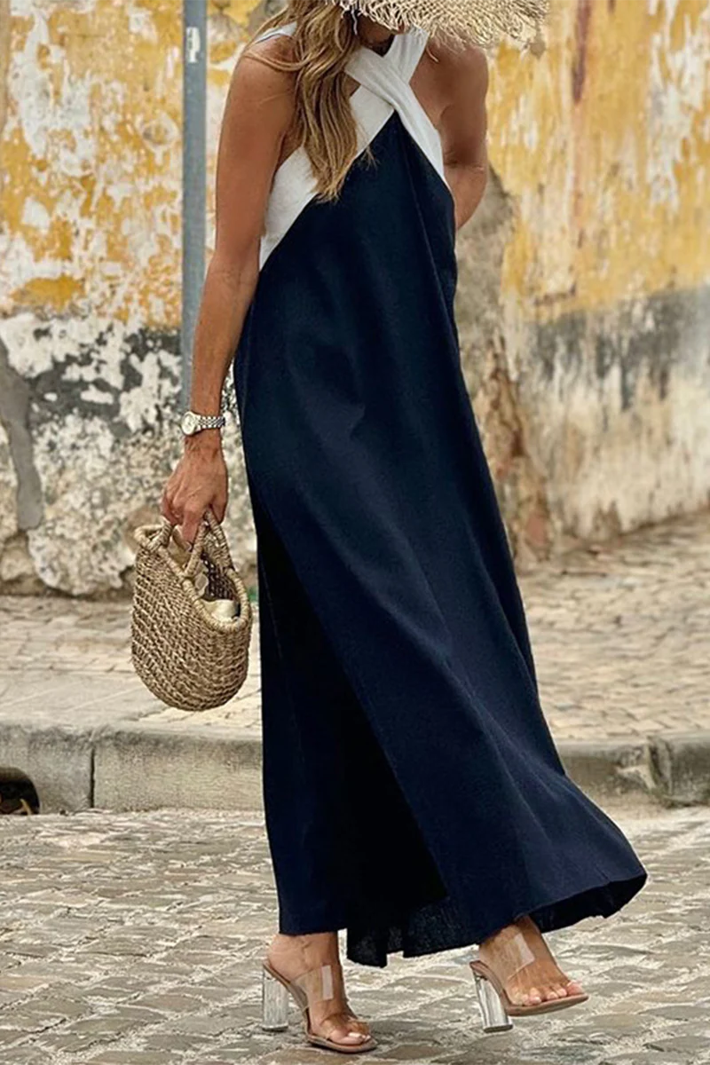 Casual Patchwork Contrast V Neck Sling Dresses - Panekey