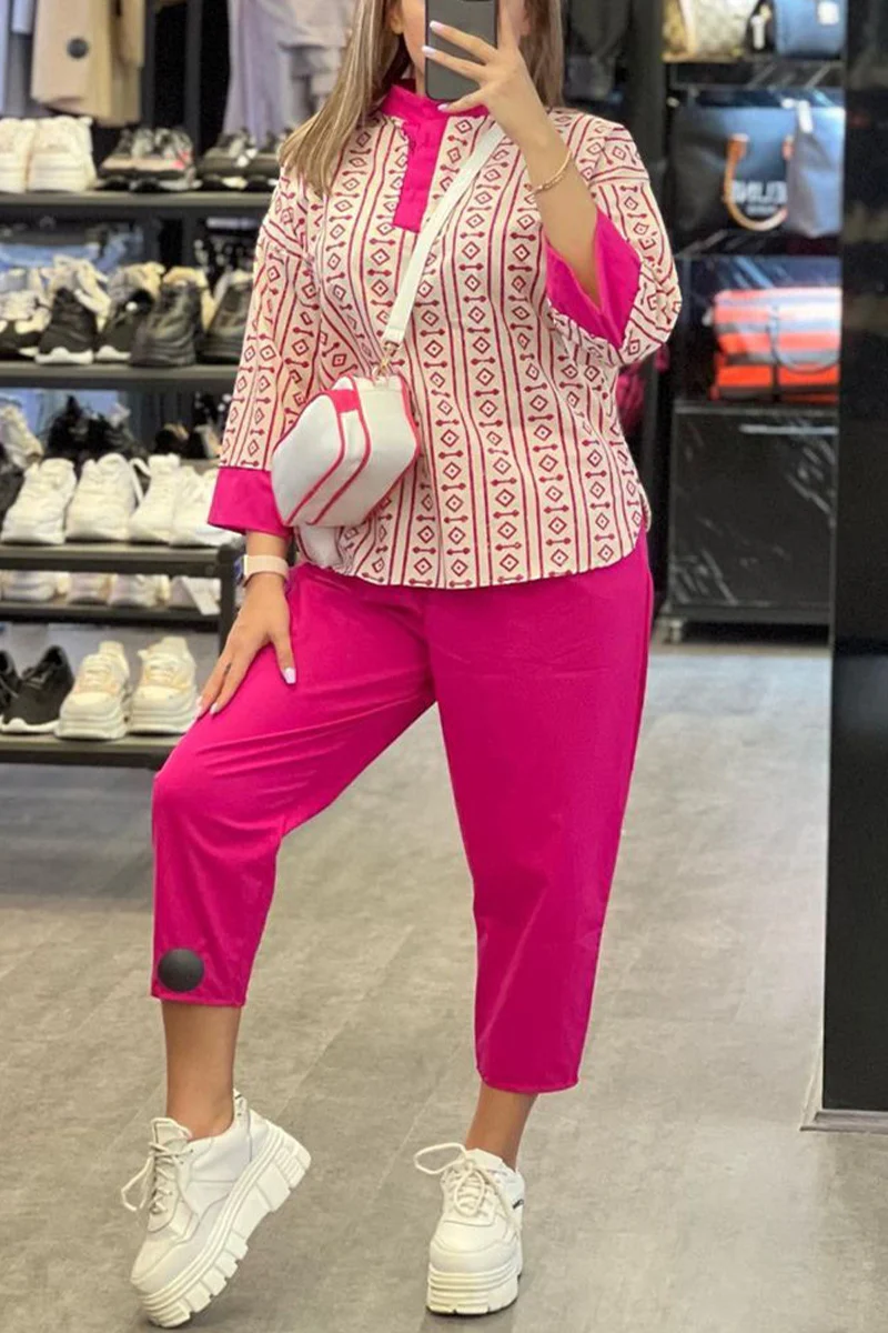 Casual Geometric Printing Half A Turtleneck Long Sleeve Two Pieces - Panekey