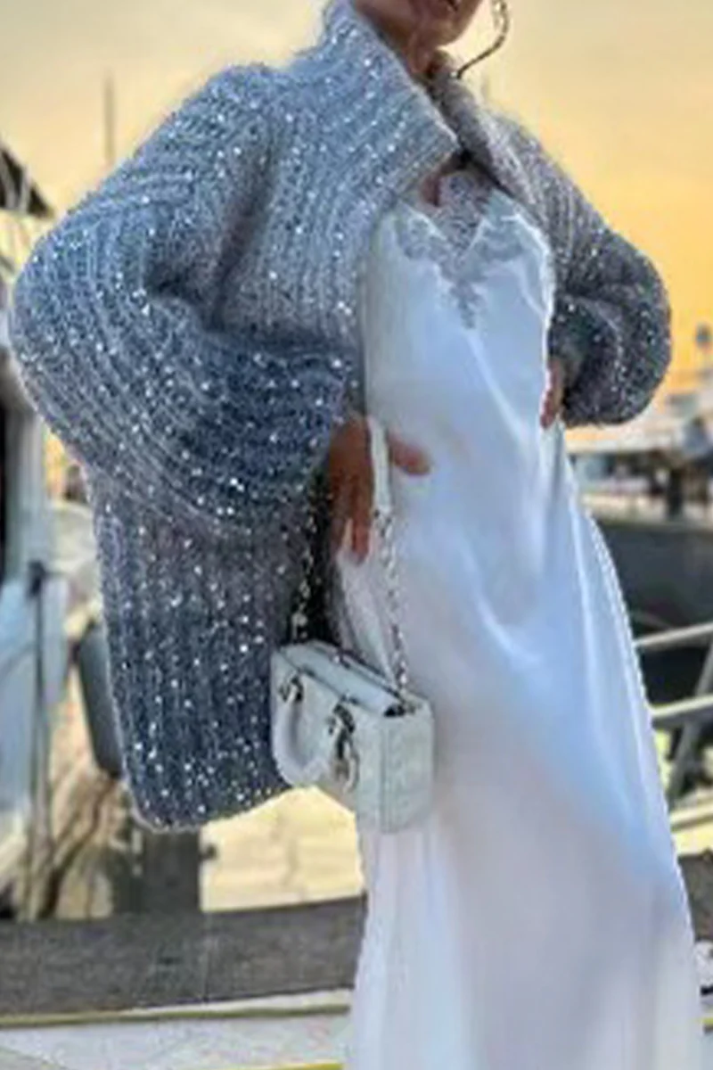 Casual Celebrities Elegant Sequins Turndown Collar Sweaters(3 Colors) - Panekey