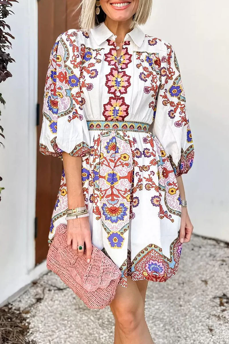 Casual Daily Floral Print Pocket Buttons Turndown Collar A Line Dresses - Panekey