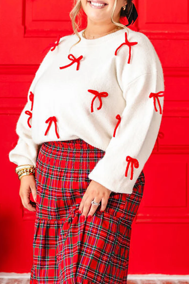 Casual Party Bow Patchwork Contrast O Neck Sweaters - Panekey