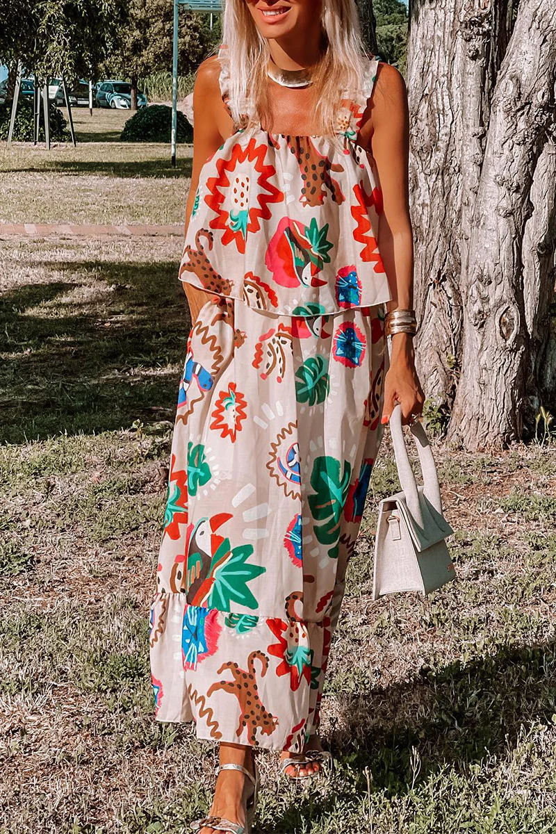 Bohemian Elegant Print Patchwork Square Collar Printed Dress Dresses - Panekey