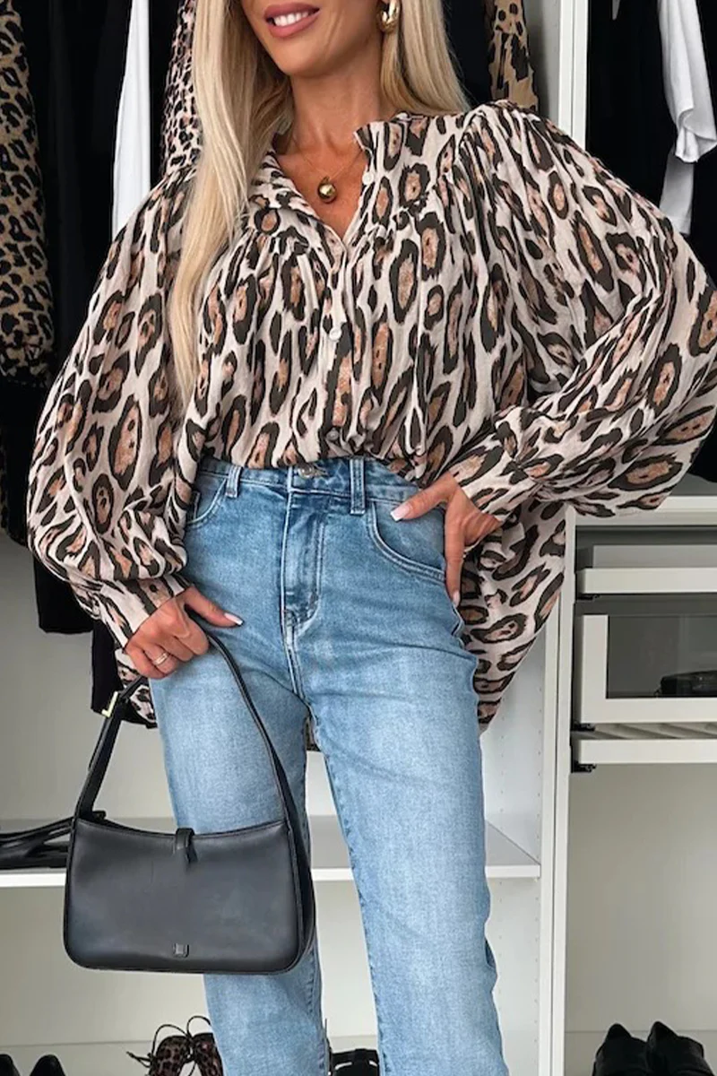 Casual Leopard Buttons Ruched O Neck Blouses - Panekey