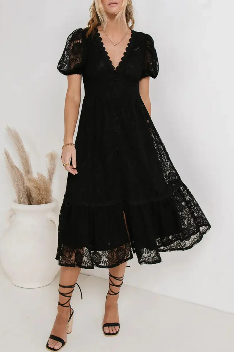 Casual Daily Solid Color Lace Buttons V Neck A Line Dresses(4 Colors) - Panekey