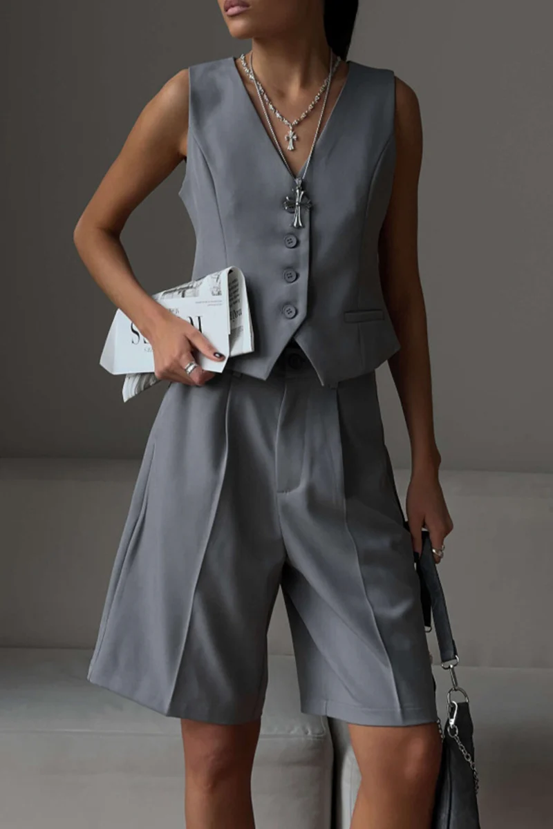 British Style Elegant Solid Pocket Buttons V Neck Sleeveless Two Pieces - Panekey