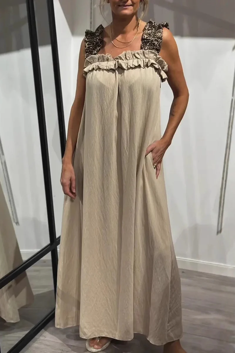 Casual Leopard Pocket Patchwork Flounce Square Neck Long Dresses(8 Colors) - Panekey