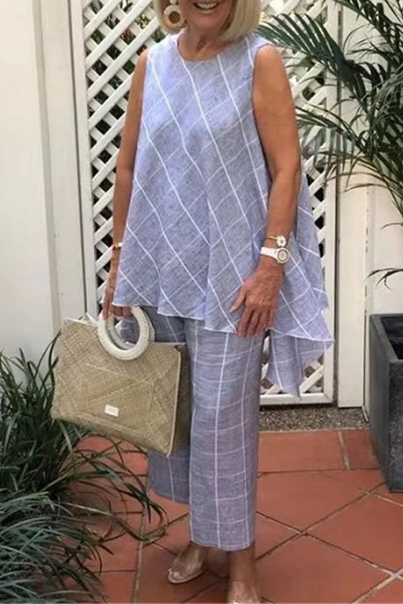 Casual Plaid Split Joint Straight Mid Waist Wide Leg Full Print Bottoms - Panekey