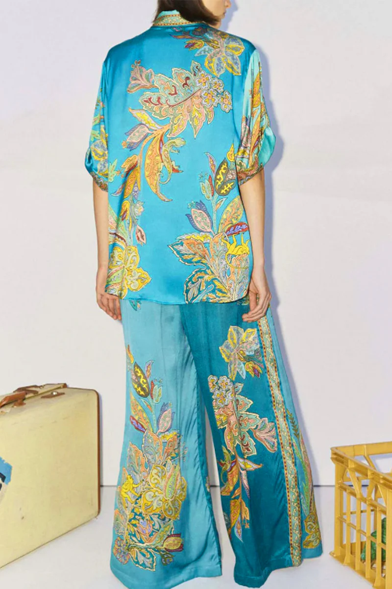 Casual Floral Print Patchwork Turndown Collar Long Sleeve Two Pieces - Panekey