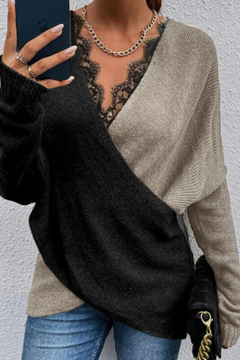 Casual Patchwork Lace Contrast V Neck Sweaters(3 Colors) - Panekey