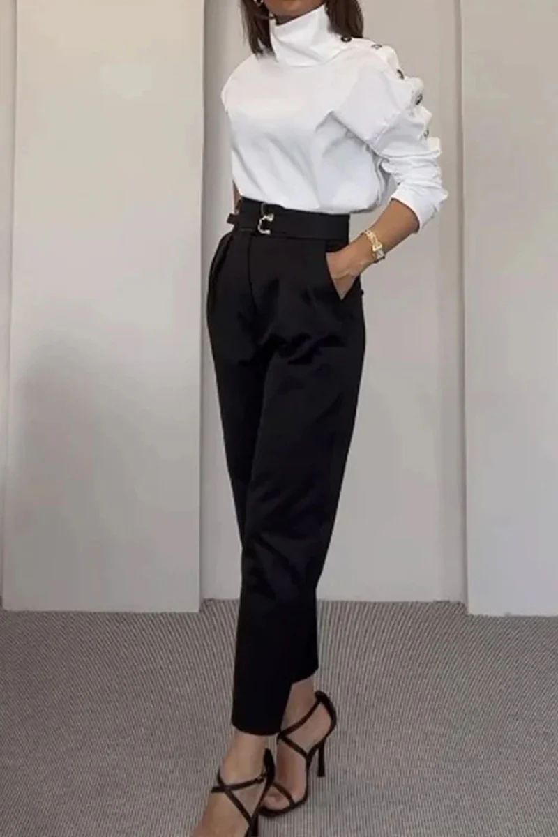 Casual British Style Solid Pocket Buttons Turtleneck Long Sleeve Two Pieces - Panekey