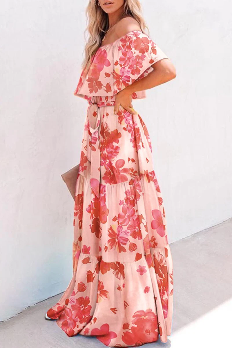 Casual Gradual Change Flounce Off the Shoulder Cake Skirt Dresses(4 Colors) - Panekey