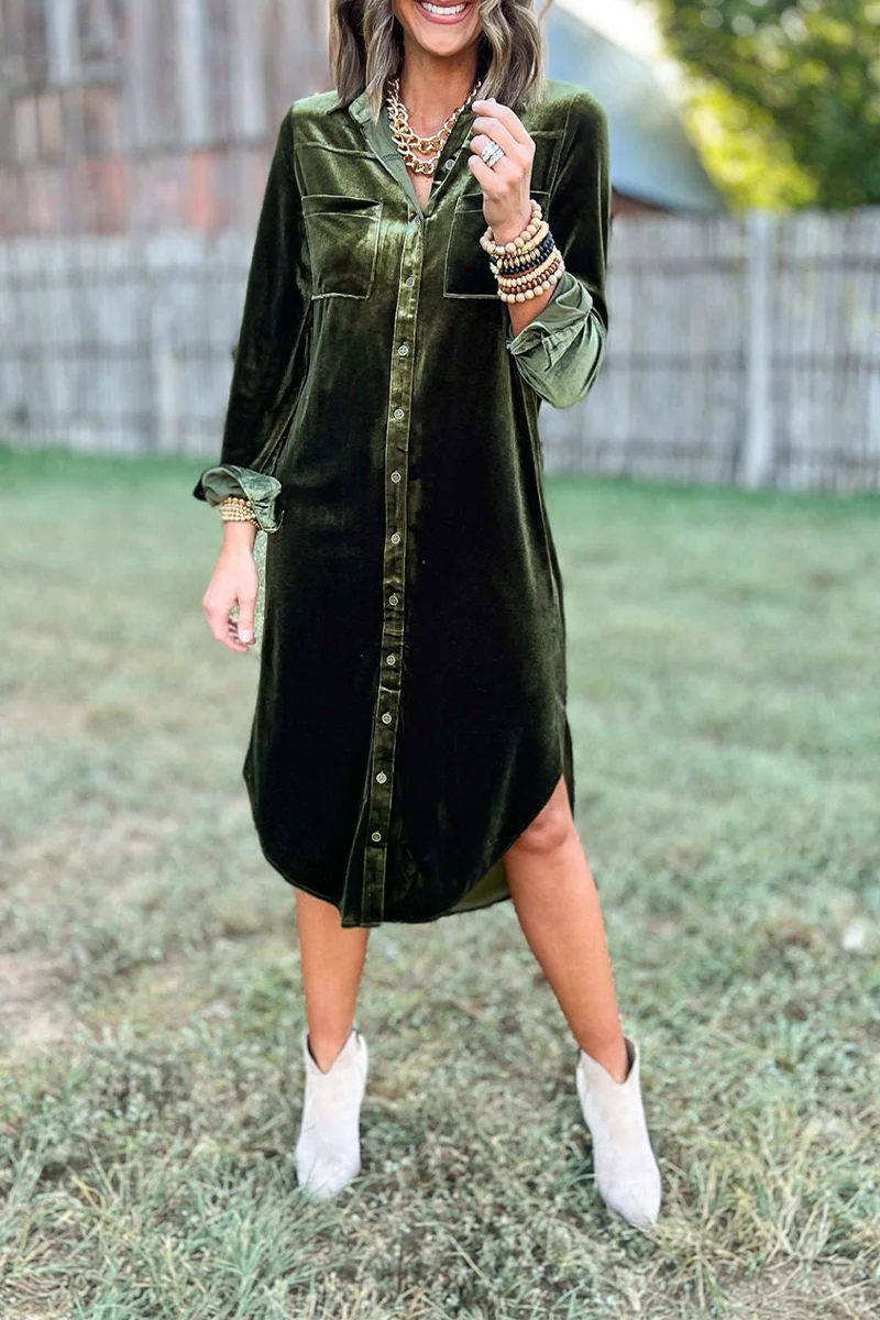 Casual Pocket Buckle Turndown Collar Shirt Dresses(3 Colors) - Panekey