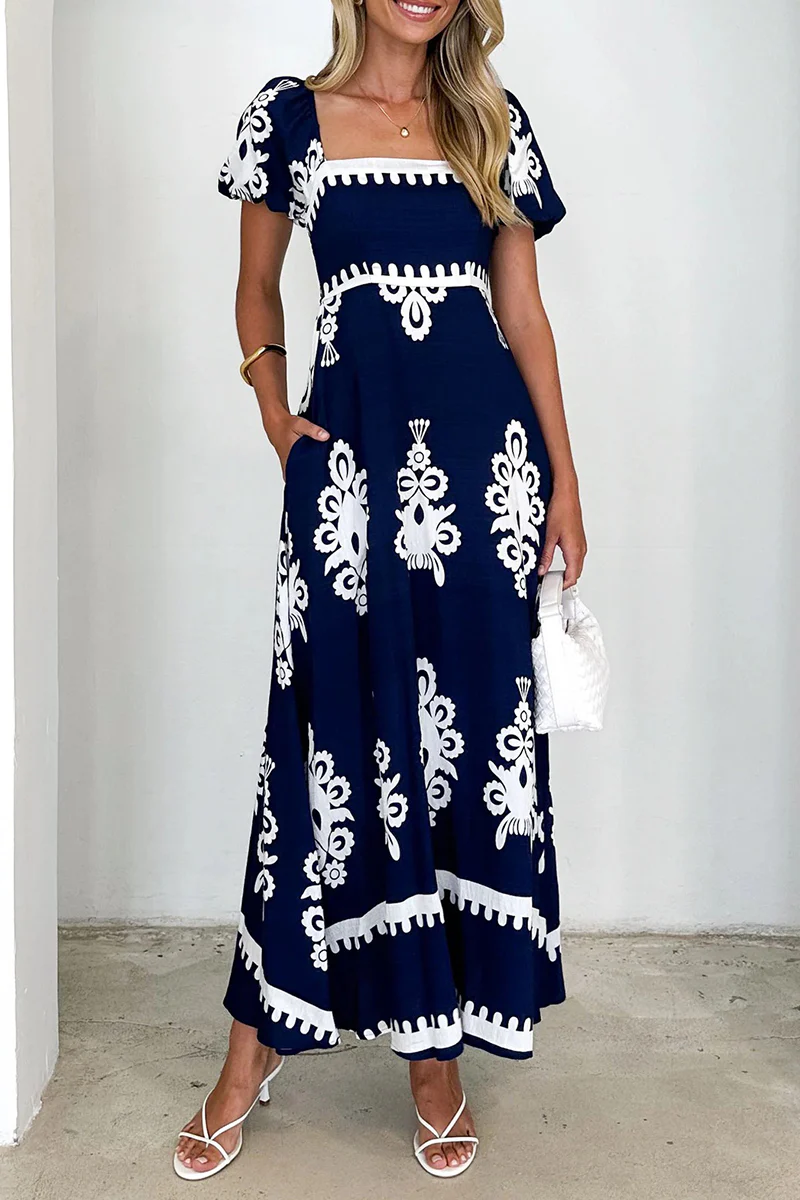 Casual Geometric Print Pocket Contrast Square Neck A Line Short Sleeve Dress - Panekey