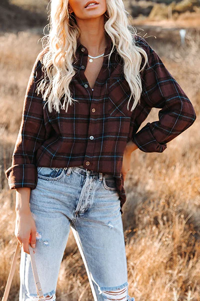 Casual Plaid Pocket Buckle Turndown Collar Tops - Panekey
