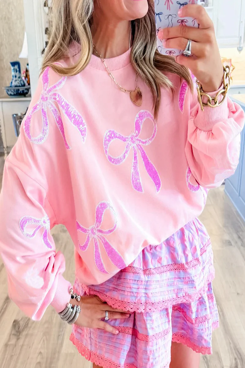 Casual Bow Embroidered Sequins O Neck Sweats - Panekey