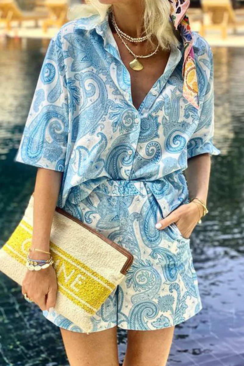 Casual Daily Floral Print Pocket Turndown Collar Short Sleeve Two Pieces - Panekey