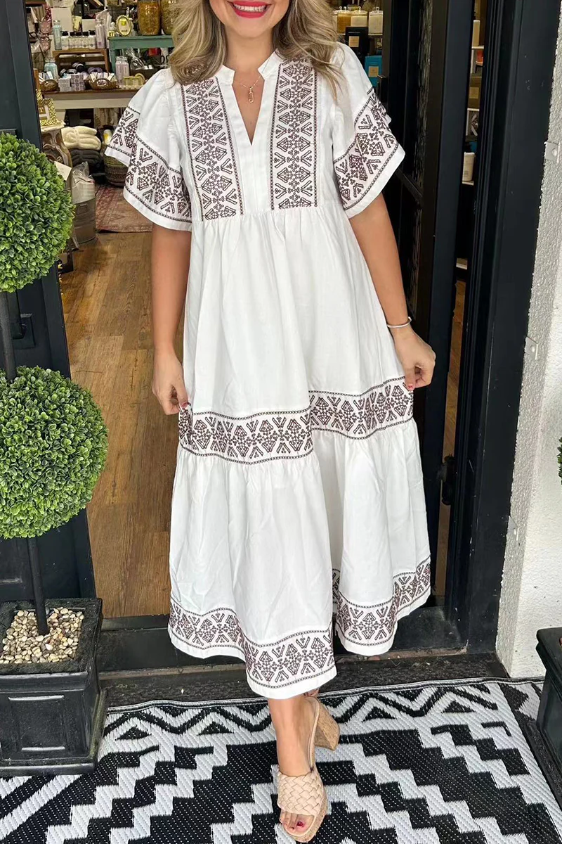 Casual Geometric Print Patchwork V Neck A Line Short Sleeve Dress(7 Colors) - Panekey