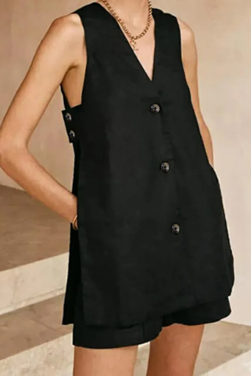 Casual British Style Solid Pocket Buckle V Neck Sleeveless Two Pieces(3 Colors) - Panekey