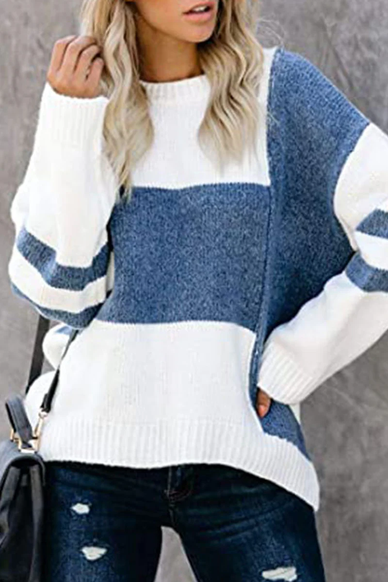 Casual Patchwork  Contrast O Neck Tops Sweater - Panekey