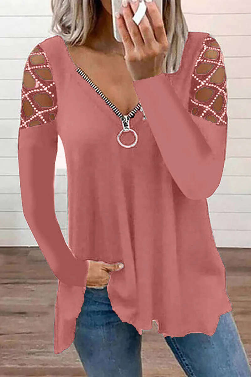 Casual Patchwork Hollowed Out Hot Drill Zipper Collar Tops(7 Colors) - Panekey