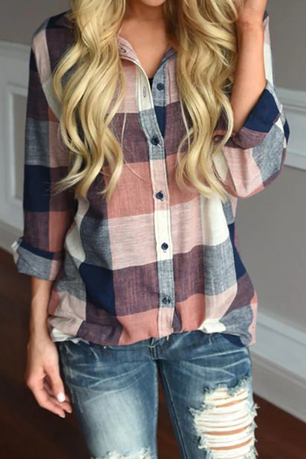Casual Plaid Pocket Buckle Turndown Collar Tops - Panekey