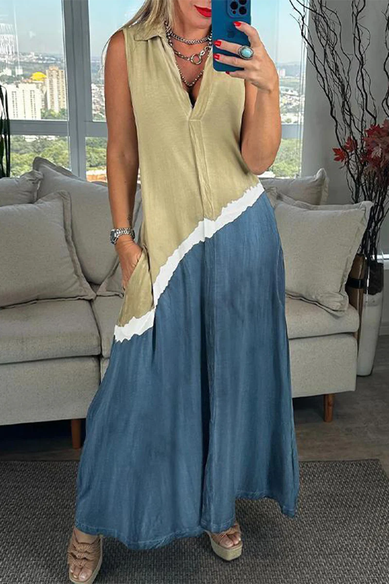 Casual Colorblock Pocket Patchwork Contrast Turndown Collar Sleeveless Dresses(4 Colors) - Panekey