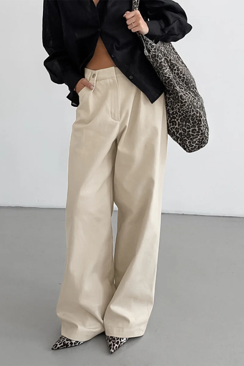 Casual Pocket Buttons Loose High Waist Wide Leg Bottoms - Panekey