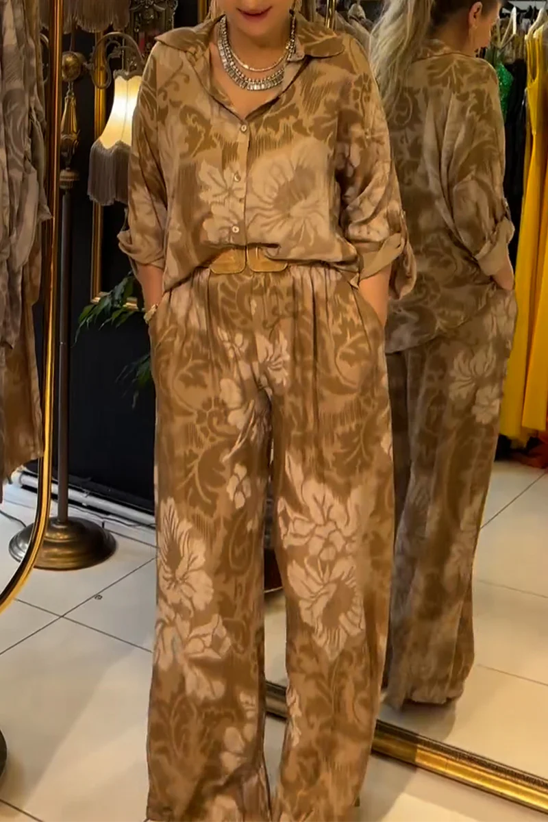 Casual Floral Print Buttons Turndown Collar Long Sleeve Two Pieces - Panekey
