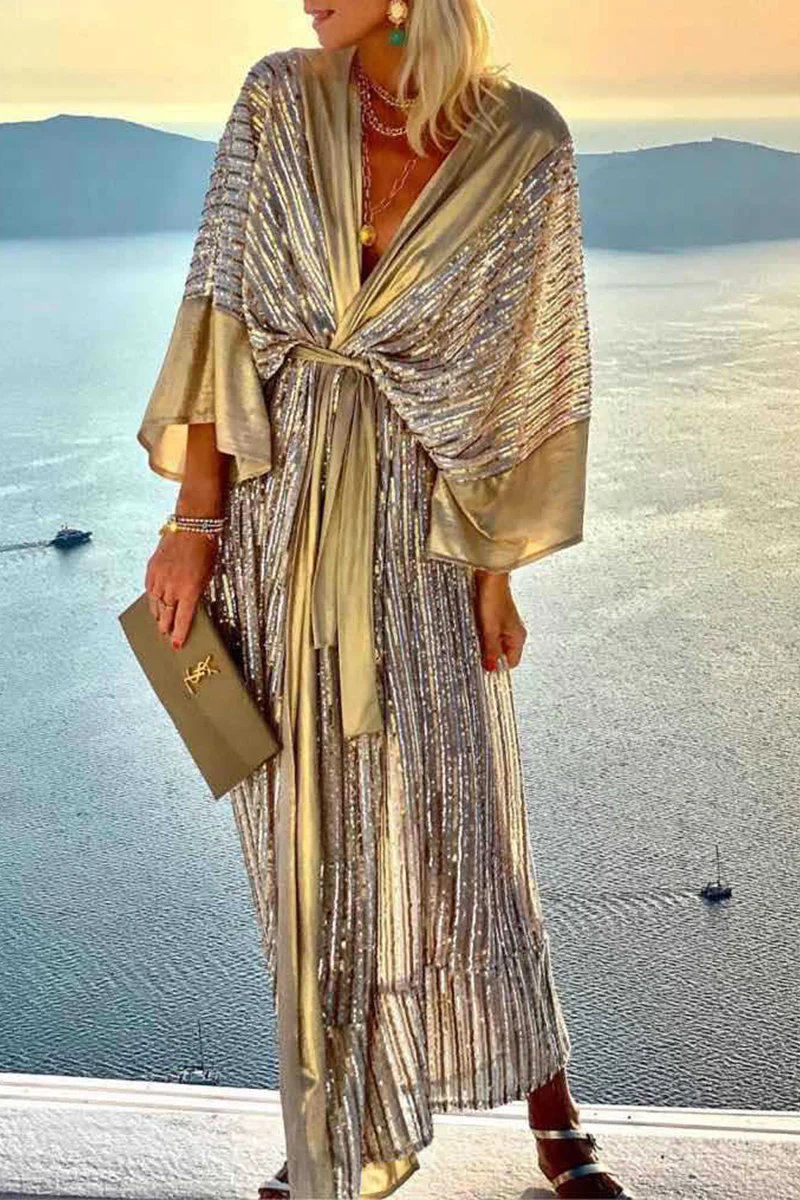 Casual Patchwork Sequins V Neck Waist Skirt Dresses(3 Colors) - Panekey