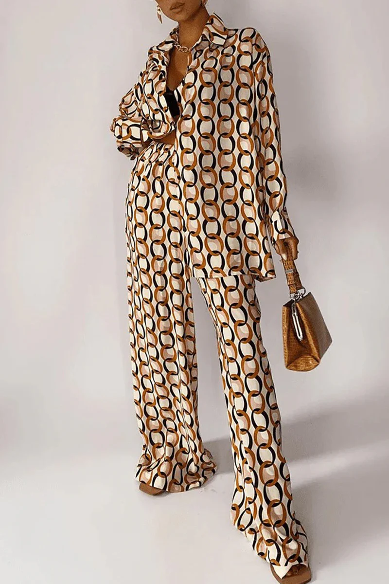 Casual Geometric Print Buttons Turndown Collar Long Sleeve Two Pieces - Panekey