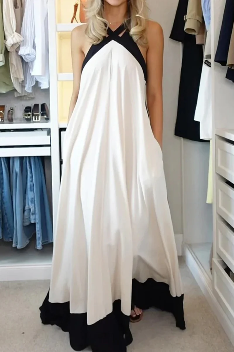 Casual Patchwork Contrast Halter Long Dresses - Panekey