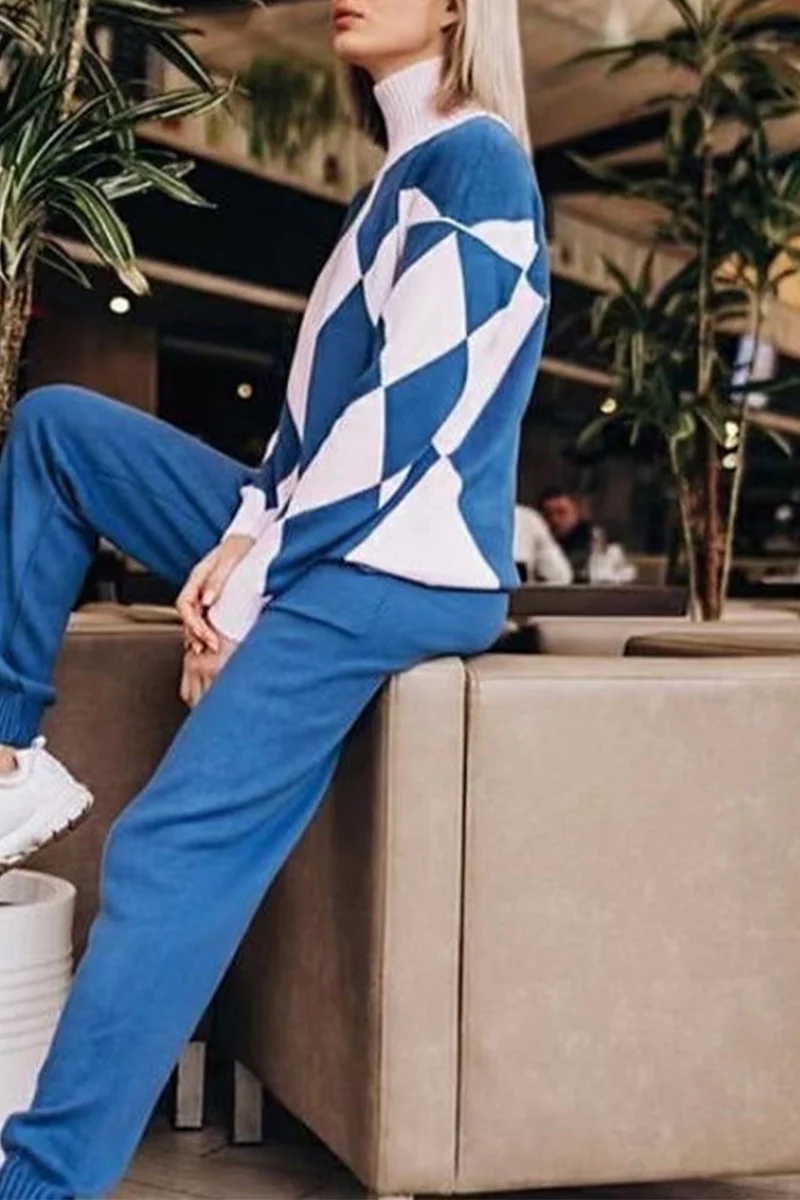 Casual Color Block Pocket Contrast Turtleneck Long Sleeve Two Pieces - Panekey