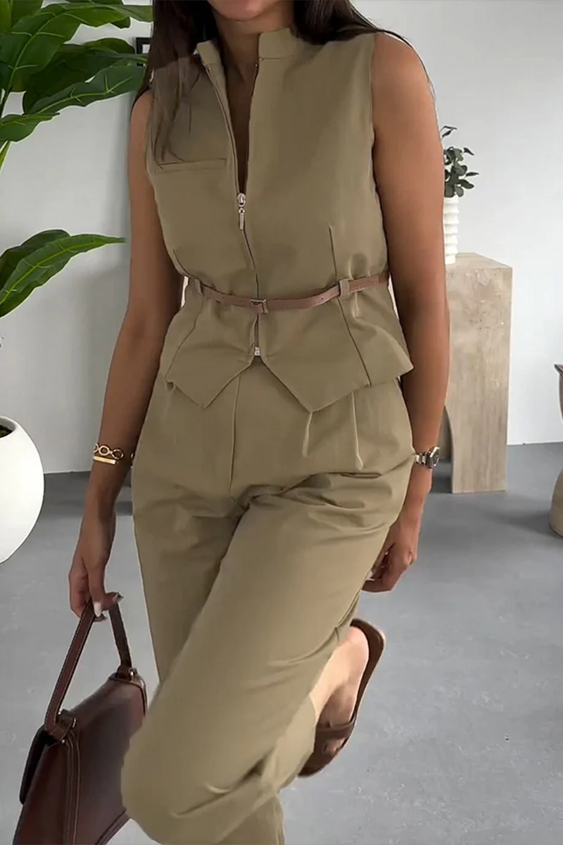 Casual Daily Solid Color Without Belt Zipper Mandarin Collar Sleeveless Two Pieces - Panekey