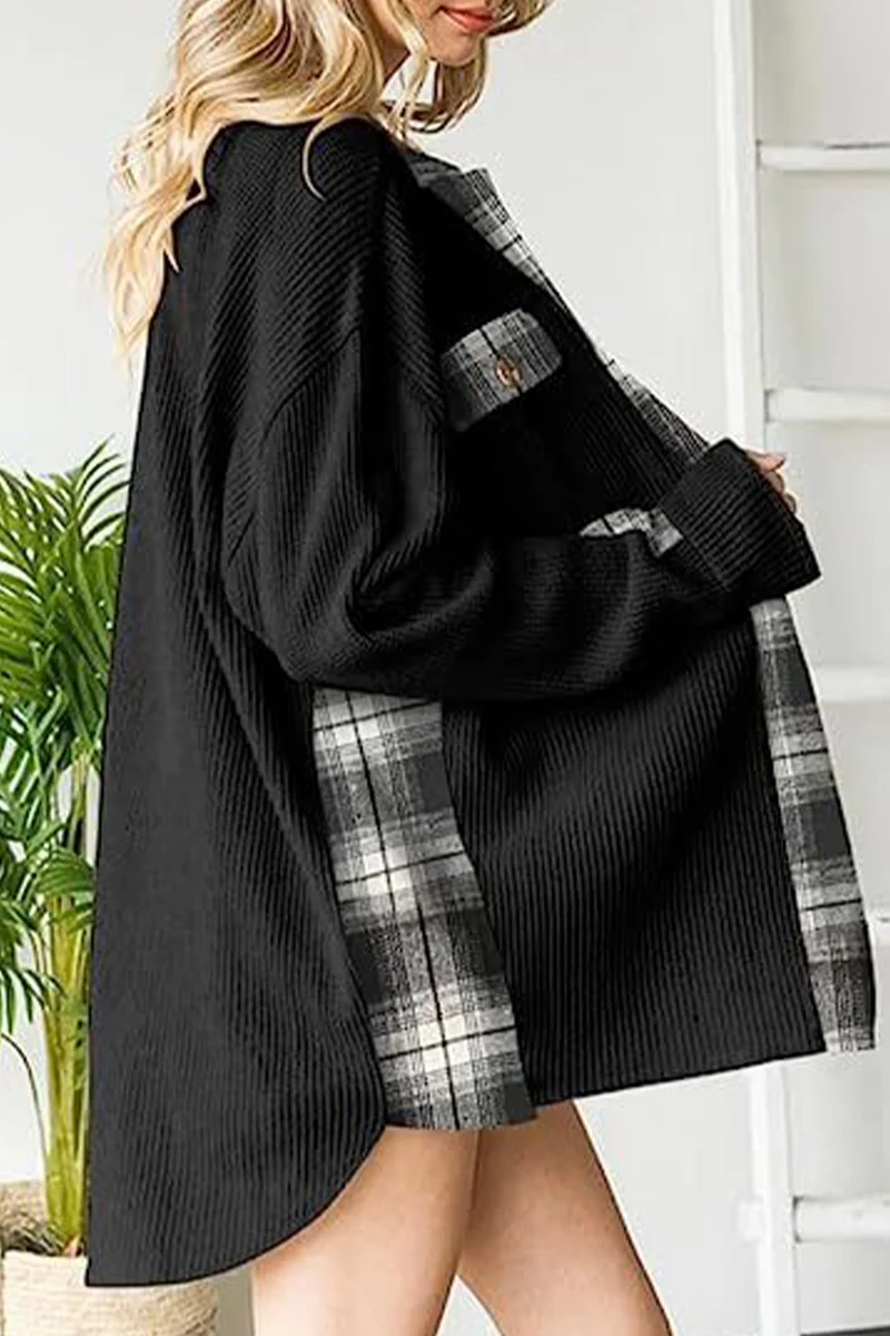 Casual Color Block Pocket Contrast Turndown Collar Tops - Panekey