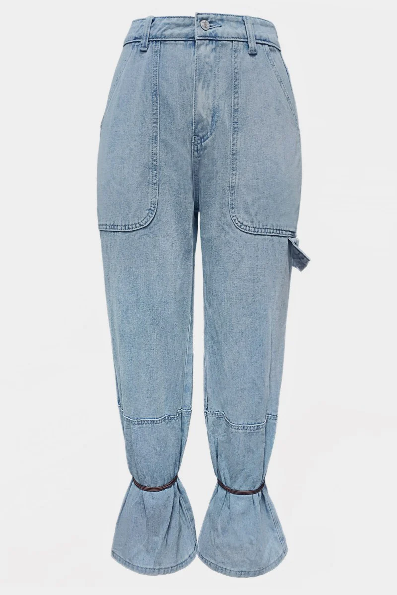 Casual Pocket Belted Regular Denim Jeans (Subject To The Actual Object ) - Panekey