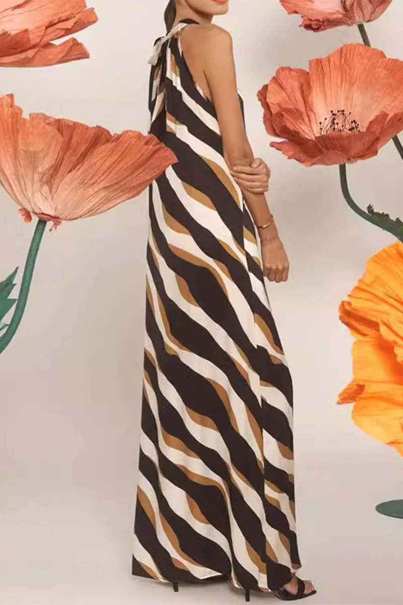 Casual Daily Striped Print Lace Up Contrast Halter One Step Skirt Dresses - Panekey