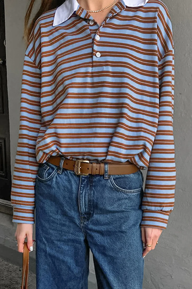 Casual Daily Striped Print Buttons Contrast Turndown Collar Tops - Panekey