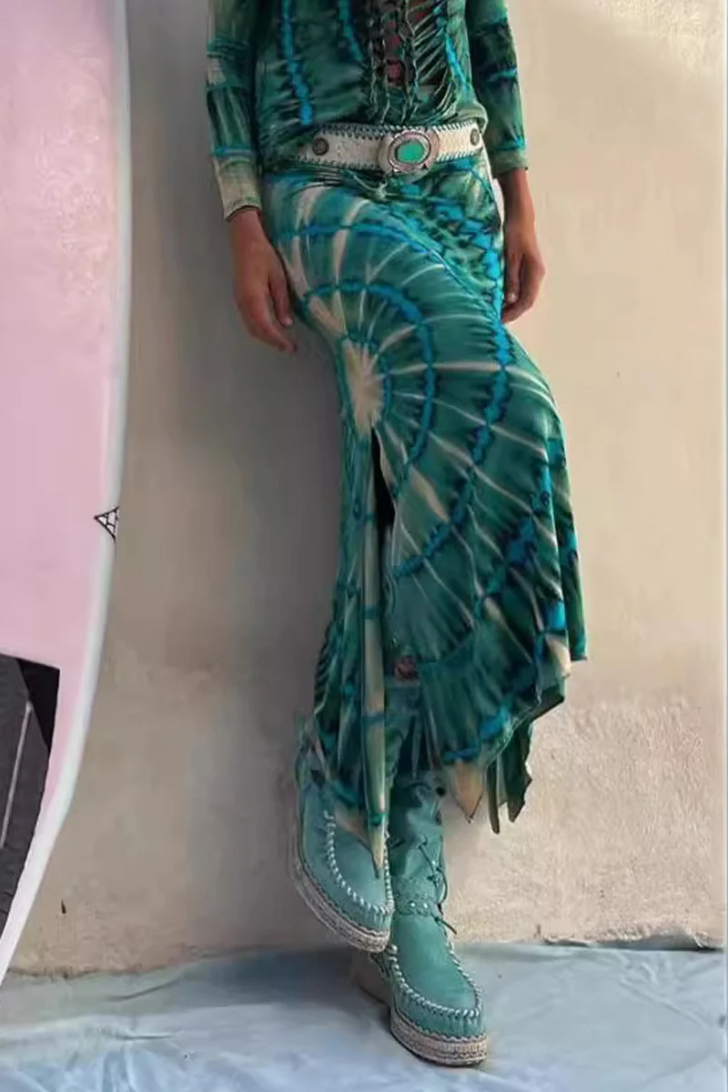 Casual College Print Tie Dye Slit Loose High Waist Type A Full Print Bottoms - Panekey