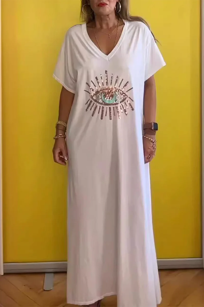 Casual Eyes Print V Neck Short Sleeve Short Sleeve Dress - Panekey