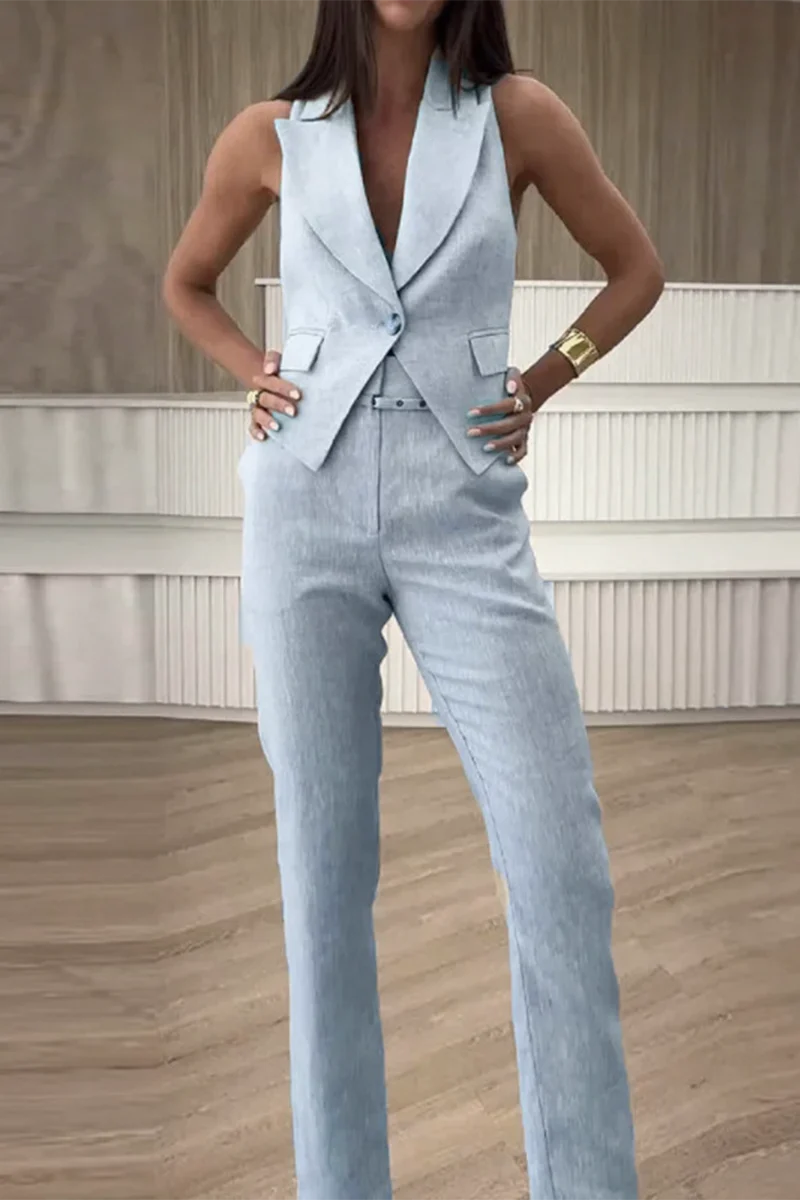 Casual Daily Solid Color Buttons Turn-back Collar Sleeveless Two Pieces(3 Colors) - Panekey